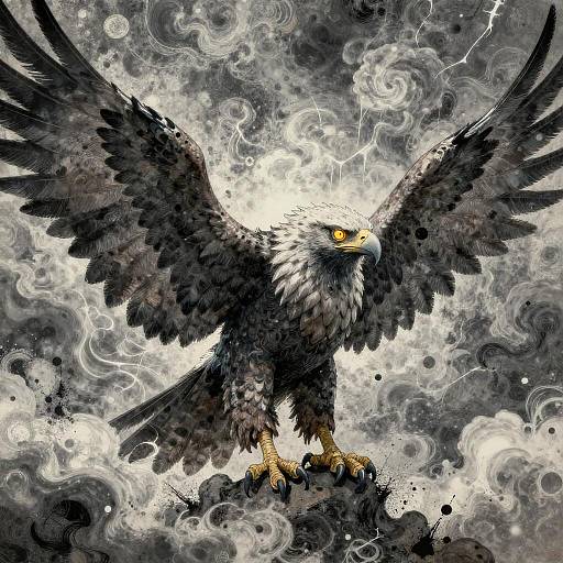 Digital illustration of a fierce, black-feathered eagle with glowing yellow eyes, standing on a rocky surface amidst swirling gray and white storm clouds and lightning