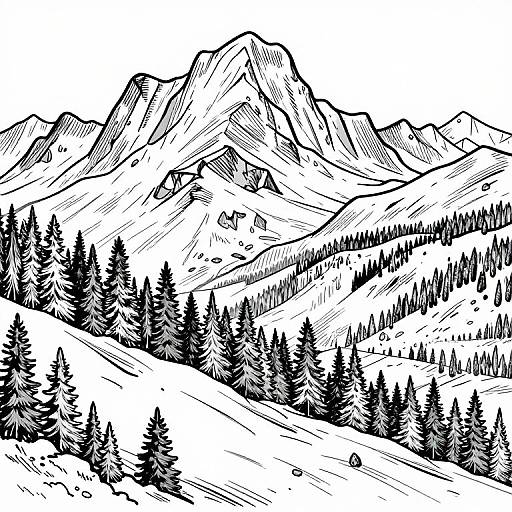 Black-and-white ink drawing of a mountainous landscape with dense pine forests, rugged peaks, and detailed tree lines in the foreground.