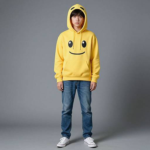 Photograph of an Asian man with short black hair, wearing a bright yellow hoodie with a smiley face, blue jeans, and white sneakers, standing