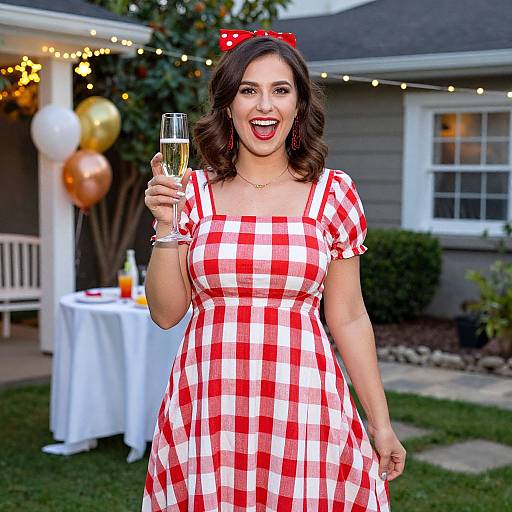 Photograph of a smiling woman with dark hair, red bow, red and white checkered dress, holding a champagne glass, outdoors at a festive backyard