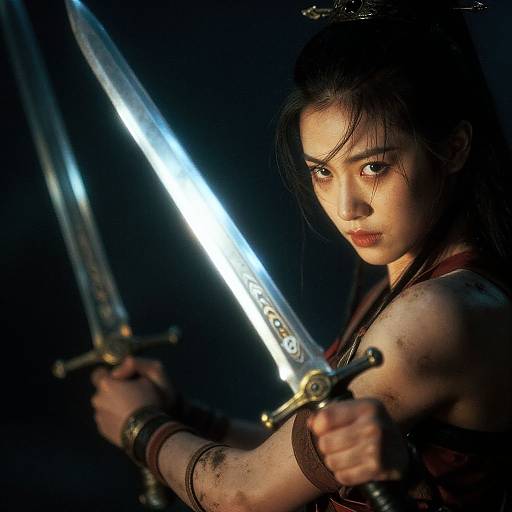 Photograph of an intense East Asian woman with dark hair, holding two glowing swords, illuminated against a dark background.