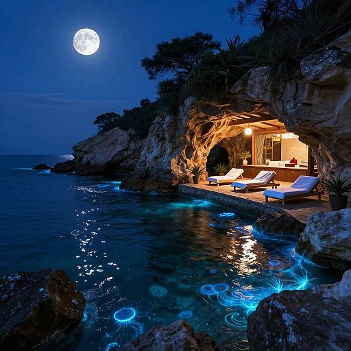 Moonlit Bioluminescent Coastal Grotto Sanctuary