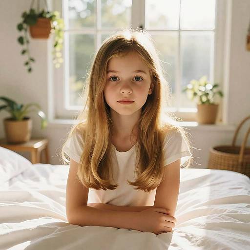 Photograph of a young, fair-skinned girl with long blonde hair, wearing a white t-shirt, lying on a sunlit bed in a bright