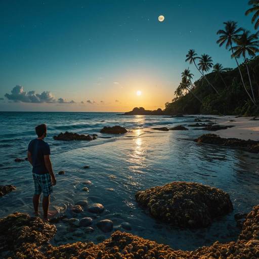 Man on Tropical Beach at Sunset with Full Moon Man on Tropical Beach at Sunset with Full Moon