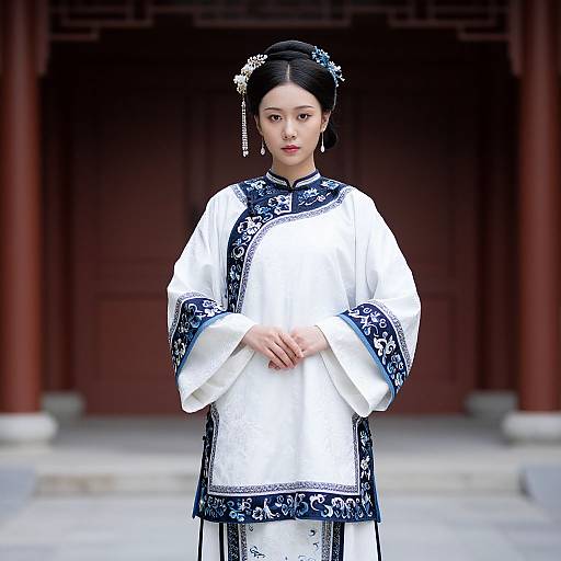 Photograph of a young Asian woman in traditional white and blue floral embroidered Korean hanbok, standing in front of a red wooden door, with hair