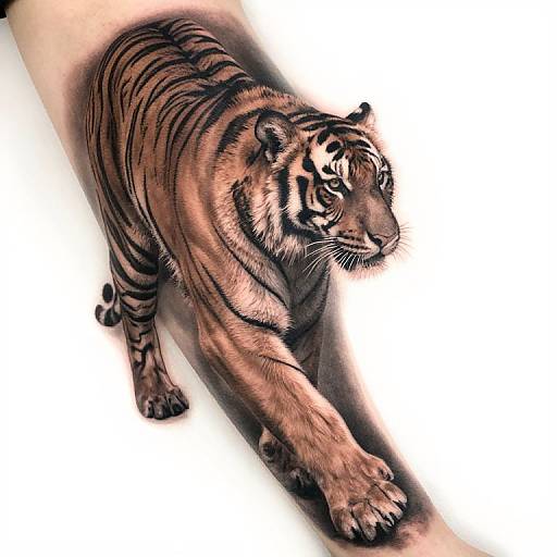 Digital drawing of a realistic, intense-eyed tiger with bold black stripes, mid-step, stretching forward with a powerful, dynamic motion.