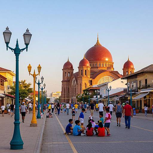 Colorful photograph of a bustling street with people, lampposts, and children sitting near the illuminated, red-domed Rumi Mosque at sunset
