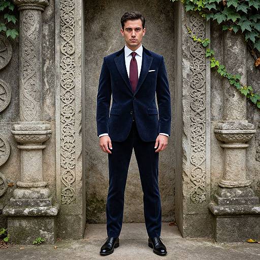 Man in Velvet Suit Among Ancient Ruins