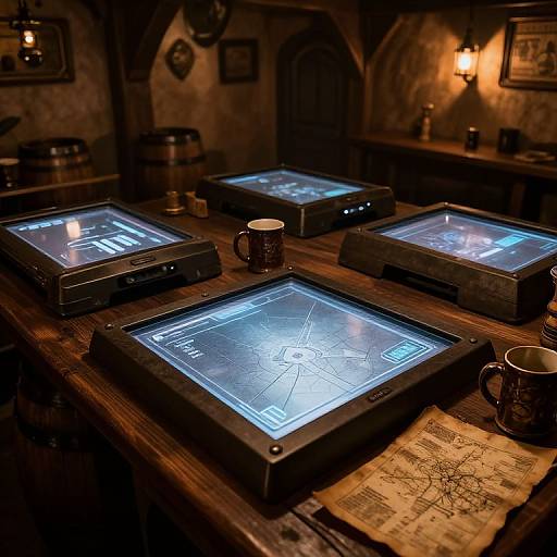 Photograph of a dimly lit, rustic wooden tavern with four glowing, illuminated maps on tables, mugs, barrels, and warm wall scon