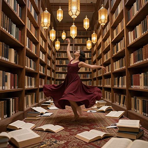 Photograph of a dancing woman in a flowing maroon dress, arms raised, in a dimly lit library with bookshelves, hanging lanterns