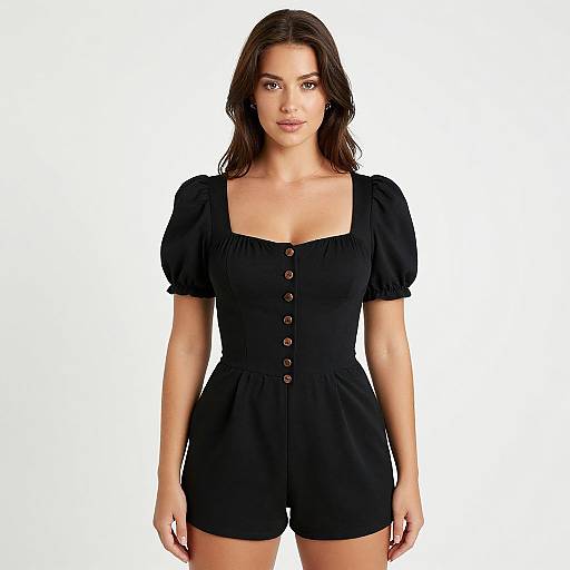 Photograph of a young woman with medium-length brown hair, wearing a black, short-sleeved, button-down romper, standing against a plain