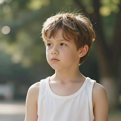 Boy in Sunlit Forest with Bokeh