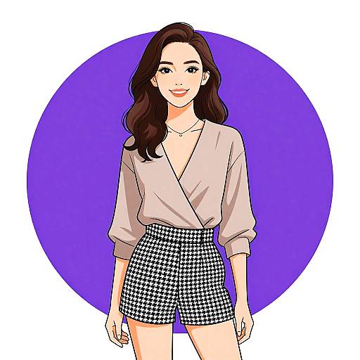 Digital illustration of an Asian woman with long brown hair, wearing a light pink V-neck blouse and black-and-white houndstooth shorts, against a