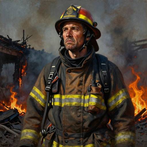 Photograph-style digital artwork of a rugged, serious-faced male firefighter in dark gear with yellow stripes, helmet, and backpack, standing amidst fiery rubble and