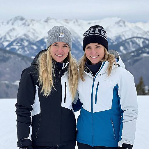 Photograph of two smiling blonde women in winter jackets and hats, standing in snowy mountain landscape, both wearing black and white jackets.