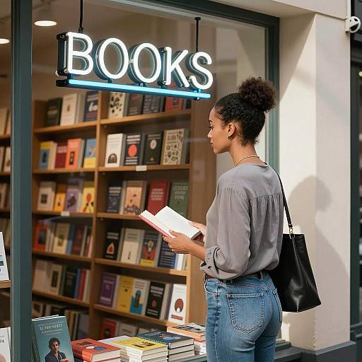 Woman in Bookstore Window with Books