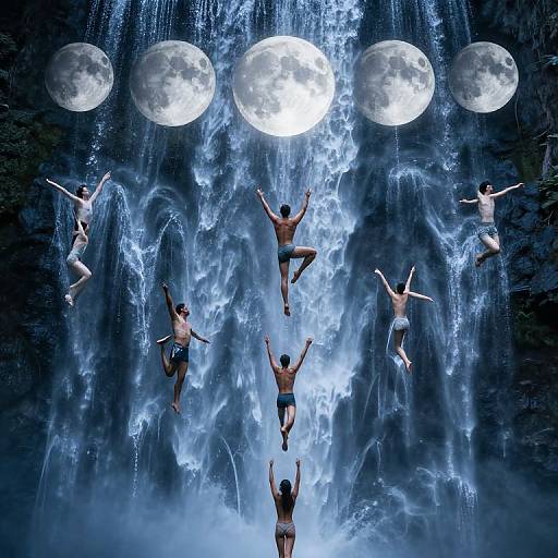 Photograph of nine shirtless men in swim trunks jumping into a blue, moonlit waterfall, surrounded by seven large, glowing moons.