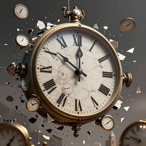 Photograph of a large, gold, antique clock with cracked face, surrounded by smaller clocks and shattered fragments, floating against a dark, cloudy sky.