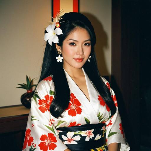 Woman in Hawaiian Kimono with Flower Accessories