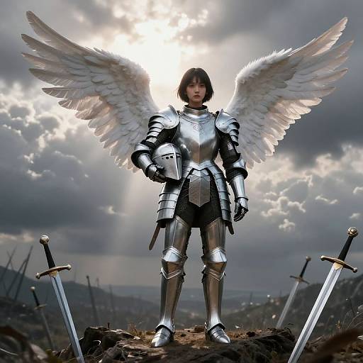 Photorealistic digital art: Angelic female warrior with silver armor, white wings, and short black hair stands on rocky ground, surrounded by three swords