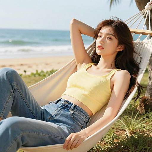 Photograph of a young Asian woman with long black hair, wearing a yellow crop top and blue jeans, relaxing in a white hammock on a sunny