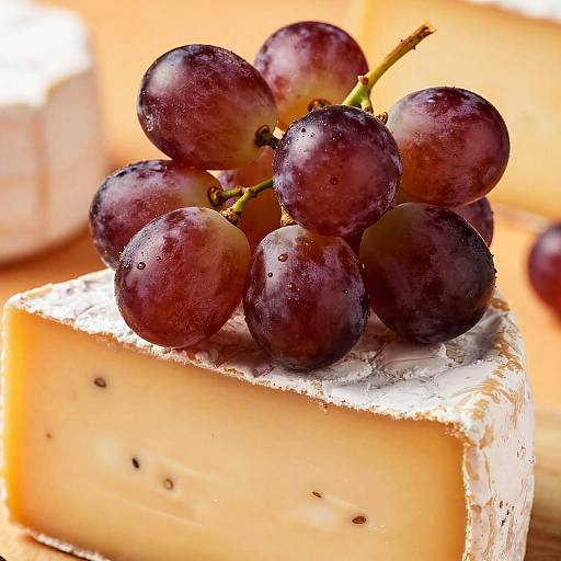 Close-up photograph of a wedge of creamy cheese topped with fresh, purple grapes, against a blurred, warm-toned background.