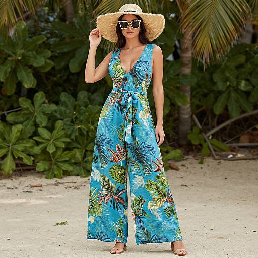 Photograph of a woman in a vibrant blue tropical jumpsuit with palm leaf patterns, wearing a wide-brimmed straw hat and white sunglasses, standing