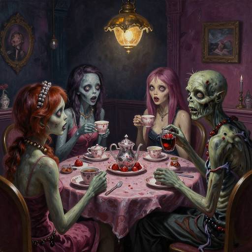Digital painting of four undead figures with pale skin and greenish hues, sitting at a dimly lit, pink-tablecloth dining table, sipping tea