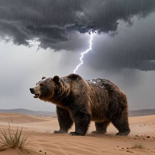 Photograph of a large, wet brown bear standing in a desert, with dark storm clouds and bright lightning in the background.