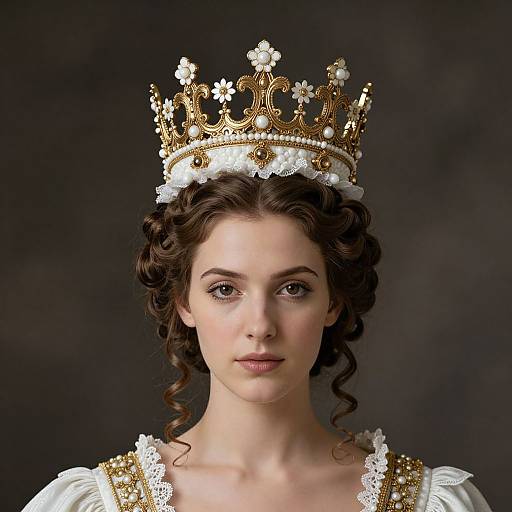 Photograph of a fair-skinned woman with curly brown hair, wearing an ornate gold and white crown, and a white gown with gold embroidery,