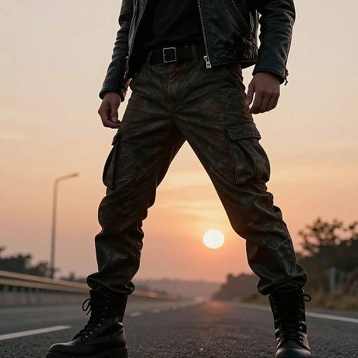 Photograph of a silhouetted man in a black leather jacket and camouflage cargo pants standing on an empty road at sunset.