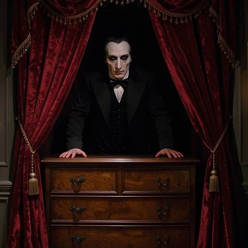 Photograph of a pale, solemn male figure in a black tuxedo, emerging from behind rich, red velvet curtains, hands on a wooden dresser