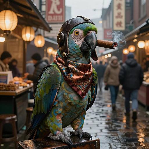 Photograph of a colorful parrot wearing a leather helmet, bandana, and cigar, perched in a bustling, rain-soaked street market.