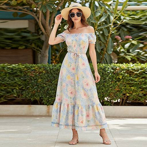 Photograph of a woman in a floral off-shoulder dress, straw hat, and sunglasses, standing outdoors on a sunny day.