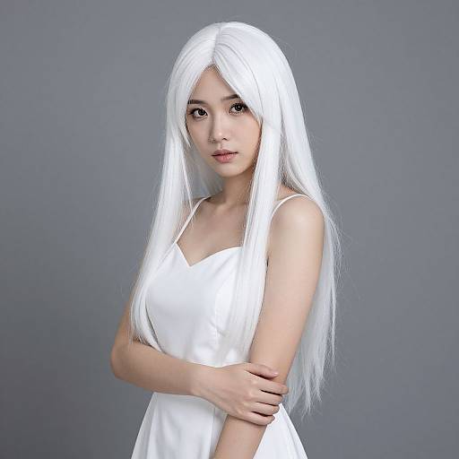 Photograph of an Asian woman with long, white hair and fair skin, wearing a white sleeveless dress, standing against a gray background, arms crossed