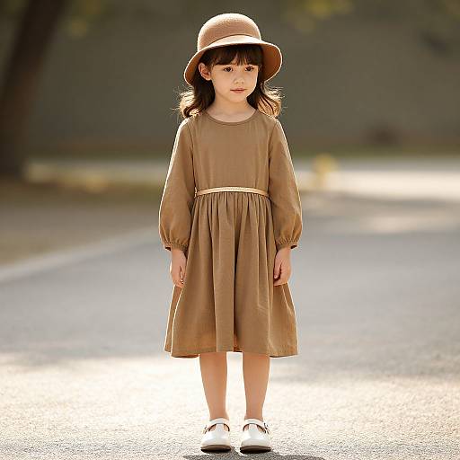Photograph of a young girl with fair skin, brown eyes, and dark brown hair, wearing a tan dress, wide-brimmed hat, and