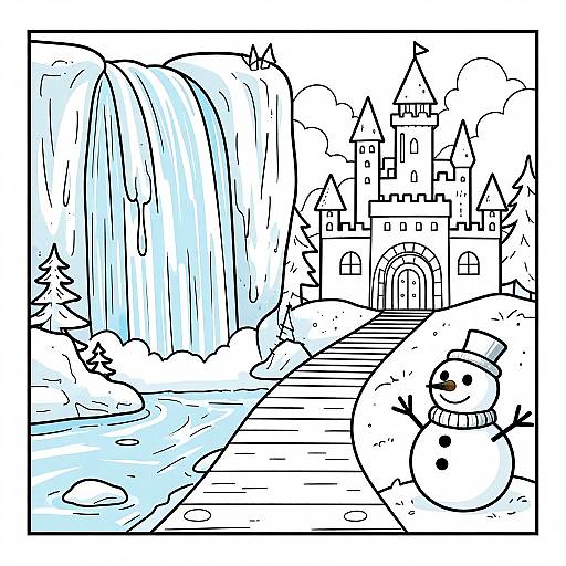 Black and blue line drawing of a castle with a waterfall, snowman in the foreground, stairs, trees, and clouds.
