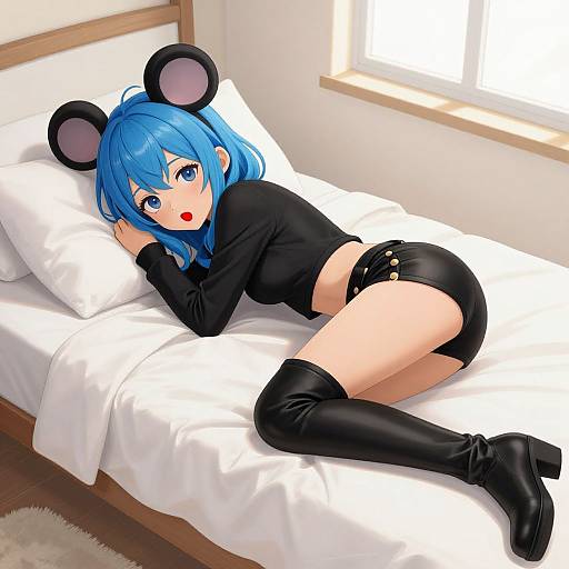 Digital anime-style drawing of a blue-haired girl with mouse ears, black crop top, shorts, thigh-high boots, lying on a white bed in a