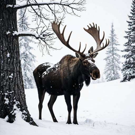 Moose in Deep Snow in Winter Forest