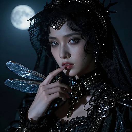 Photograph of a pale-skinned woman in dark, gothic lace headgear and jewelry, with blue, sparkling dragonfly wings, under a full