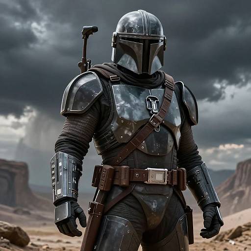 Photorealistic digital art of a Mandalorian warrior in black, reflective armor with helmet, brown belt, and shoulder pauldrons, standing in a