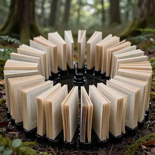 Photograph of a circular arrangement of open, cream-colored books with black text, standing upright in a dark metal holder in a forest, surrounded by green