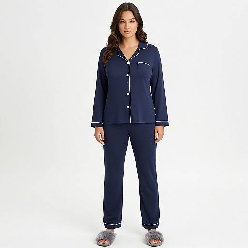 Photograph of a brown-haired woman wearing navy blue pajamas with white trim, standing against a plain white background.