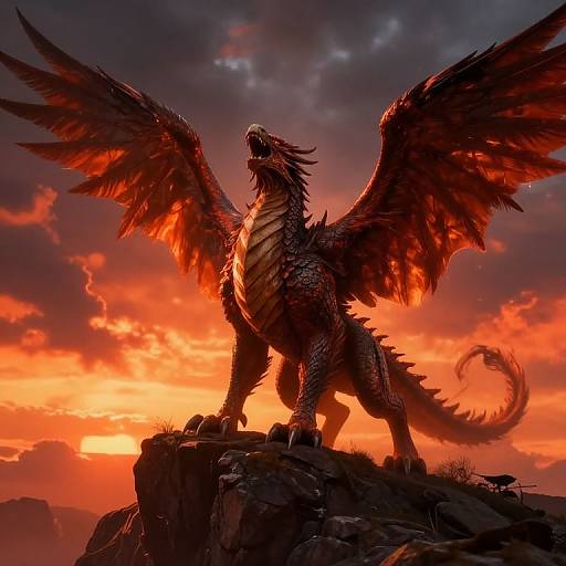 Digital artwork of a fierce, red-scaled dragon with large wings standing on a rocky cliff against a vibrant, orange-red sunset sky.
