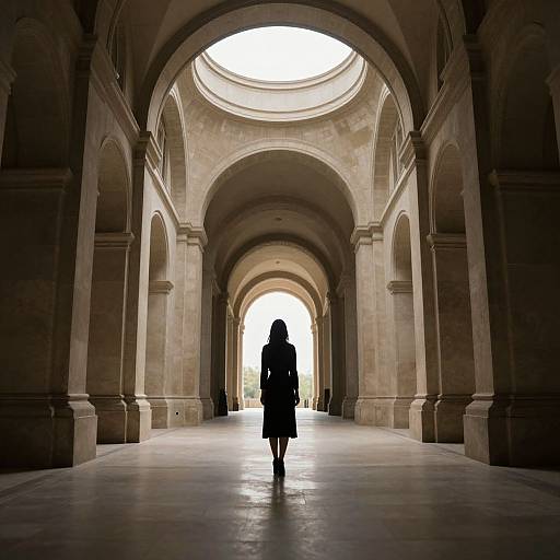 Photograph of a silhouetted person walking down a sunlit, arched stone corridor with multiple arches and a circular skylight.