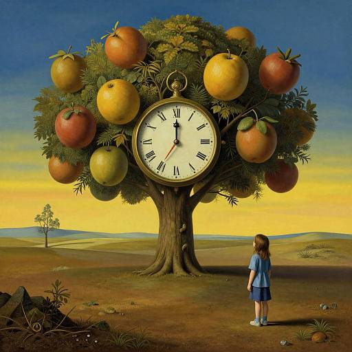 Photorealistic digital artwork: A child in a blue dress stands before a surreal tree with apples and a clock face, set against a yellow-orange sky