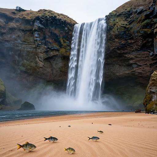 Photograph of a powerful waterfall cascading into a misty pool, surrounded by dark, rocky cliffs, with five fish on a sandy beach in the