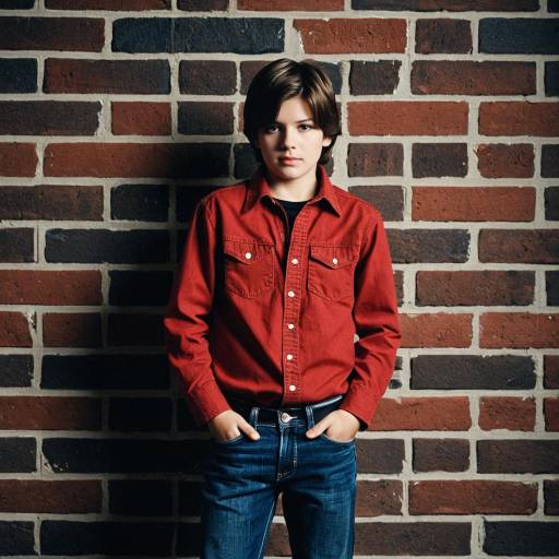 Boy in Red Shirt Standing by Brick Wall