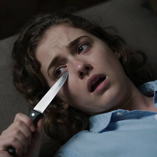 Frightened Woman with Knife Close-up