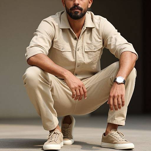 Photograph of a bearded man with medium brown skin, squatting, wearing a beige button-up shirt, matching pants, and beige sneakers, with